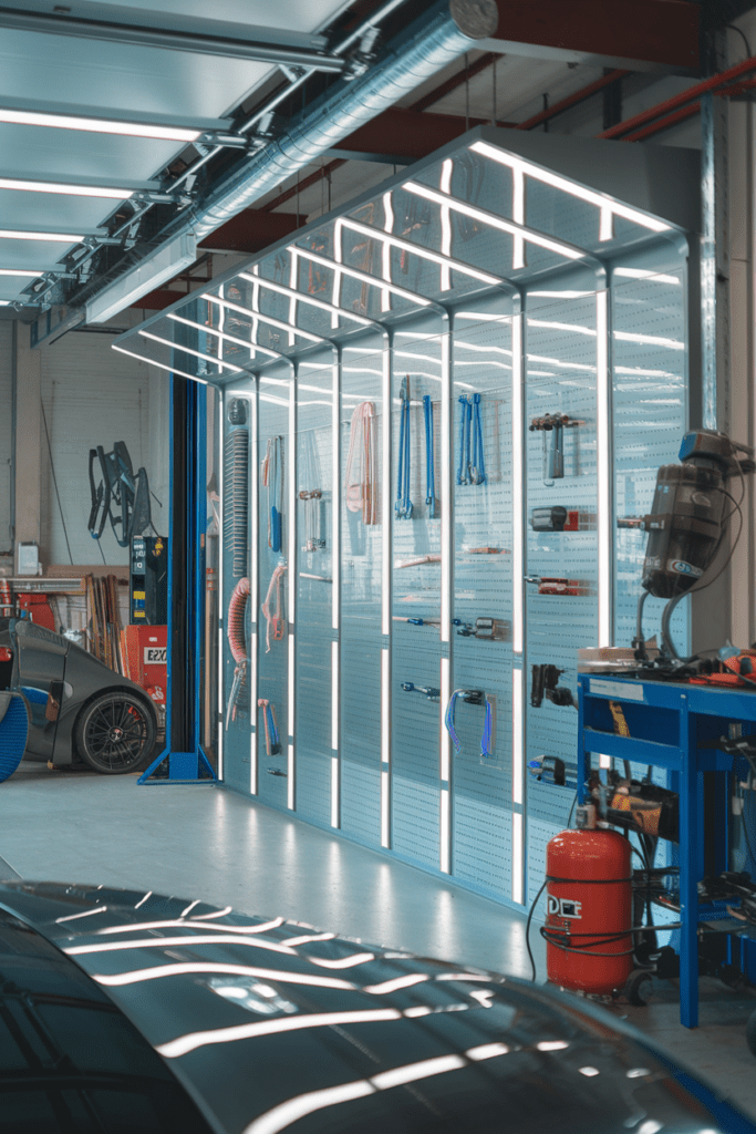 Garage Workshop Layouts Ideas: The Glass-Paneled Tool Wall