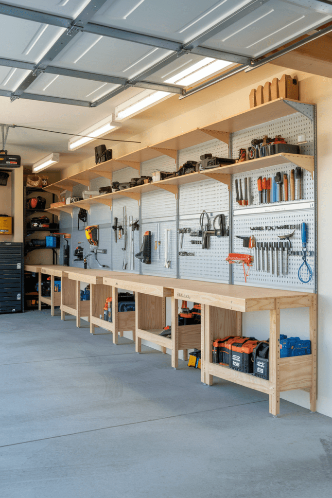 Garage Workshop Layouts Ideas: The Fold-Down Workbench Wall