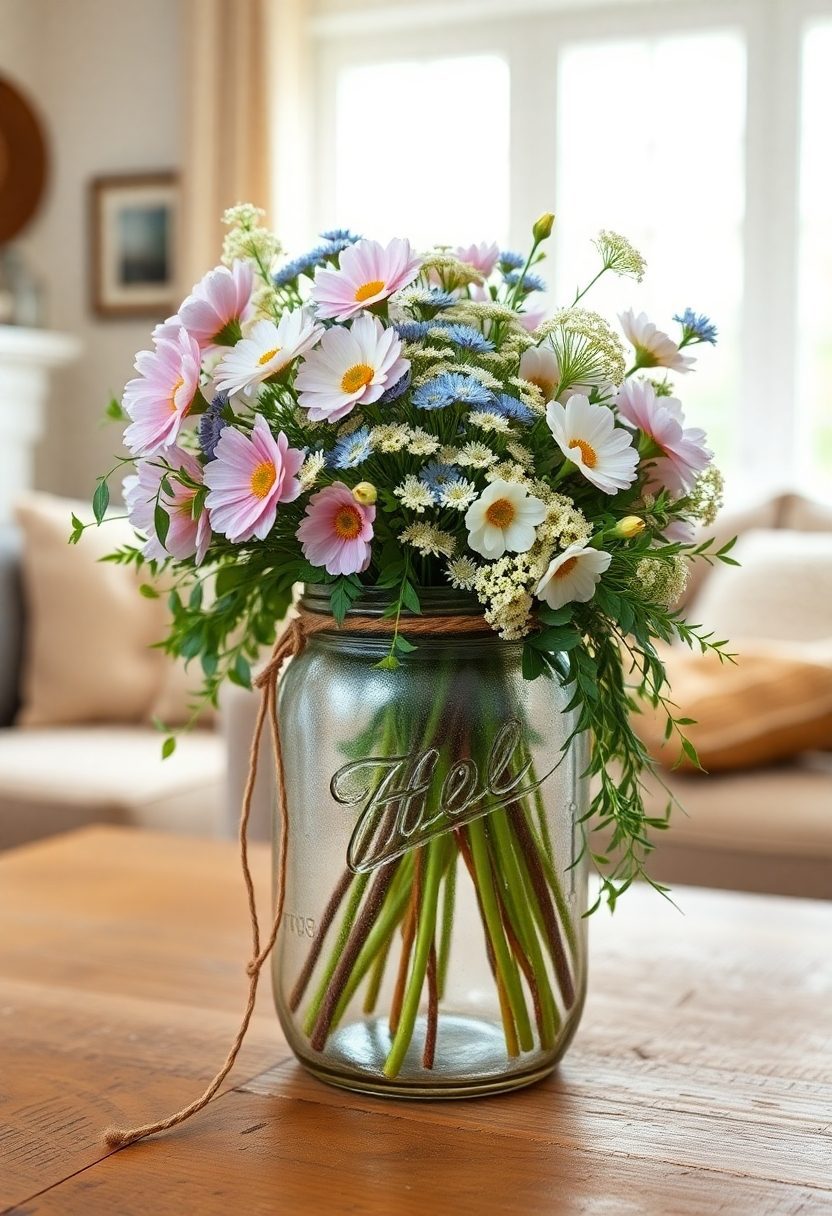 Table Centerpieces Ideas: Mason Jar And Flower Arrangement