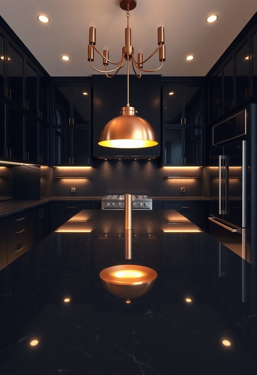 Luxury Black Kitchen Designs: Elegant Lighting Fixtures