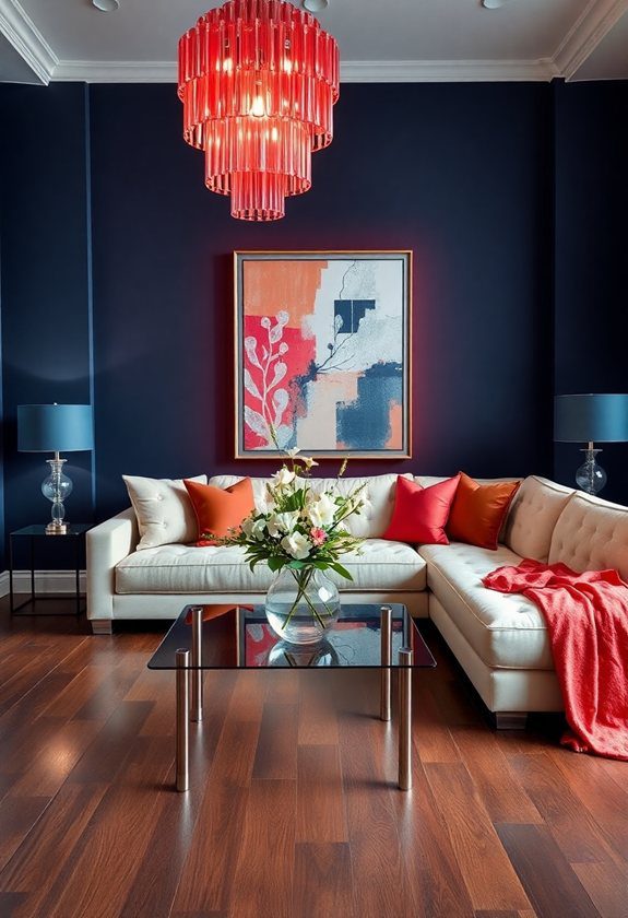 Blue Living Room Color Scheme Ideas: Navy Blue and Coral Red Accent Walls