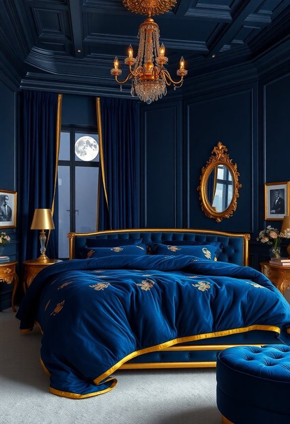 Bedroom Color Combination Ideas: Navy Blue and Gold