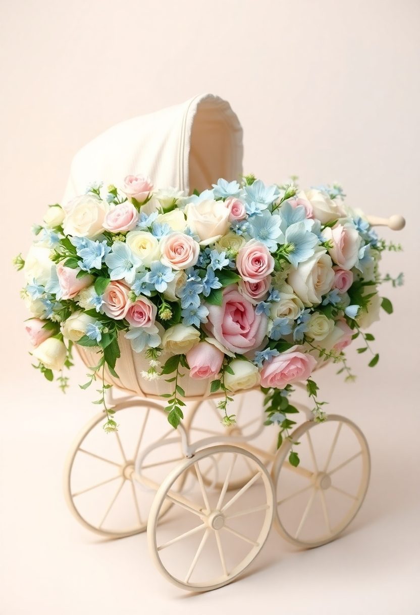 Baby in Bloom Shower Decorations: Baby Carriage Decorations With Fresh Flowers