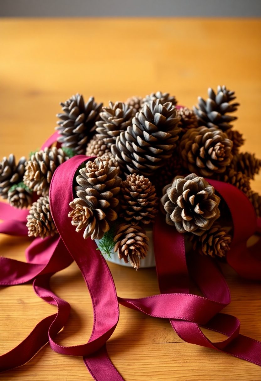 Table Centerpieces Ideas: Pinecone And Ribbon Decoration