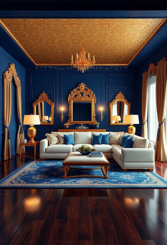 Blue Living Room Color Scheme Ideas: Sapphire Blue and Luxurious Gold Accents