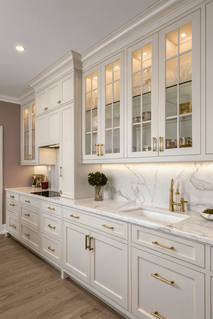 Sherwin Williams Alabaster Ideas: 3. Alabaster Kitchen Cabinets with Brass Hardware