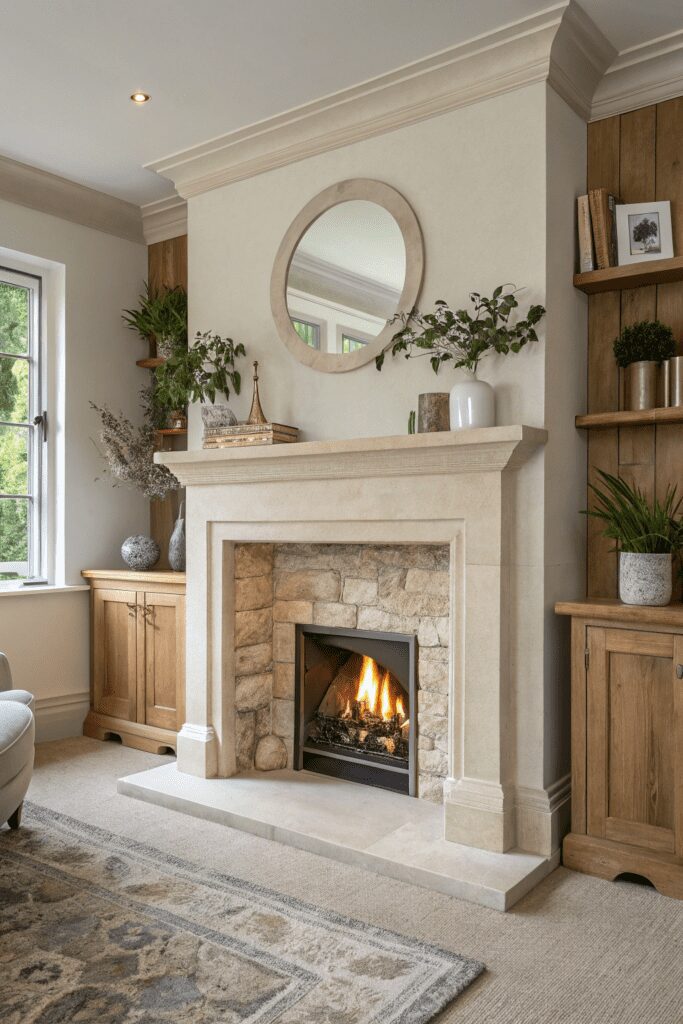 15+ Sherwin Williams Alabaster: Perfect Paint for Room! 6 Sherwin Williams Alabaster Ideas: 6. Alabaster Fireplace Surround with Natural Stone Hearth