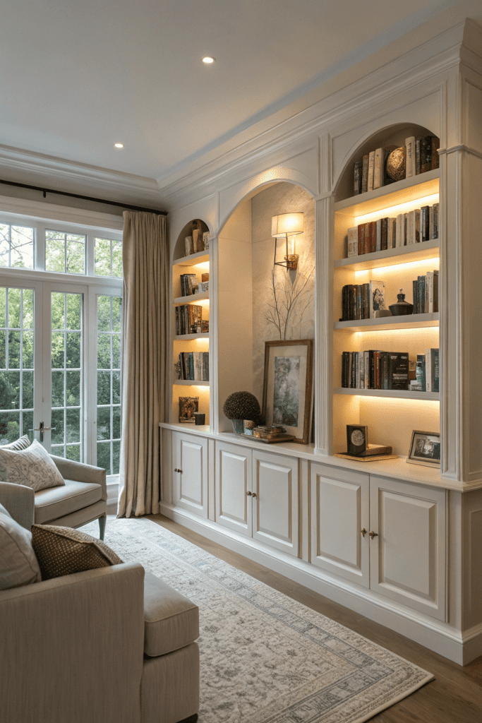 Sherwin Williams Alabaster Ideas: 7. Alabaster Built-In Bookshelves with Hidden Lighting