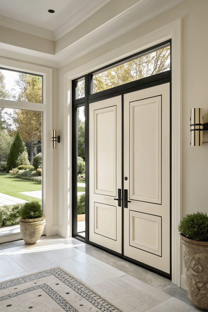 15+ Sherwin Williams Alabaster: Perfect Paint for Room! 8 Sherwin Williams Alabaster Ideas: 8. Alabaster Doors with Bold Black Trim for a Graphic Statement