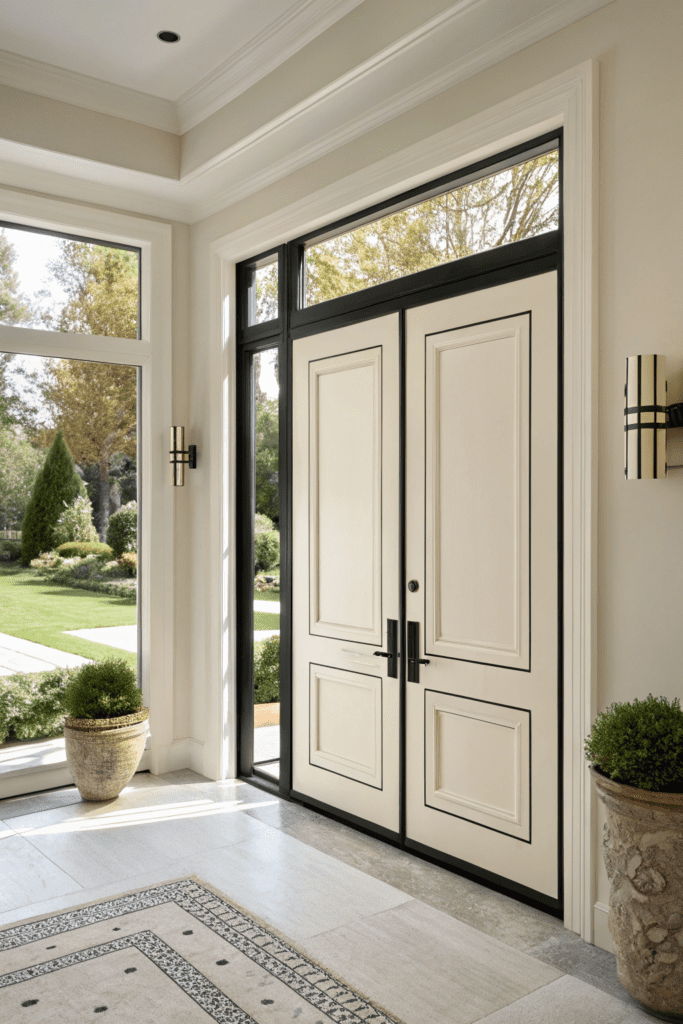 Sherwin Williams Alabaster Ideas: 8. Alabaster Doors with Bold Black Trim for a Graphic Statement