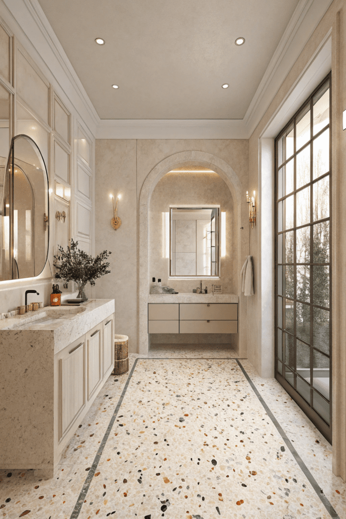 Sherwin Williams Alabaster Ideas: 9. Alabaster Bathroom with Terrazzo Flooring