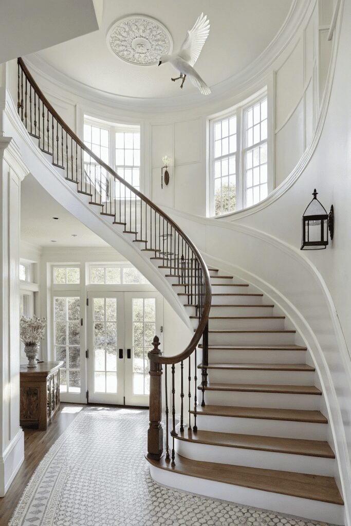 20+ Transform Your Space with Benjamin Moore White Dove Ideas! 12 Benjamin Moore White Dove Ideas: 12. Create a Statement Staircase with White Dove & Bold Railings