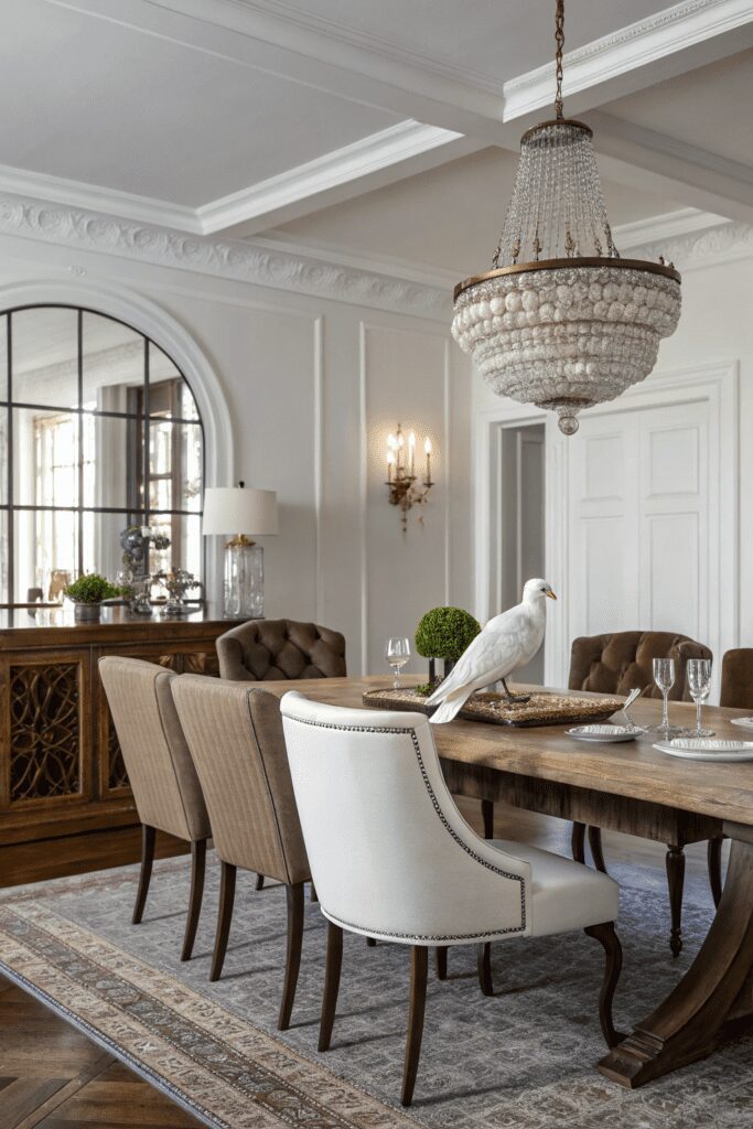 20+ Transform Your Space with Benjamin Moore White Dove Ideas! 15 Benjamin Moore White Dove Ideas: 15. An Elegant Dining Room with White Dove & Moody Accents