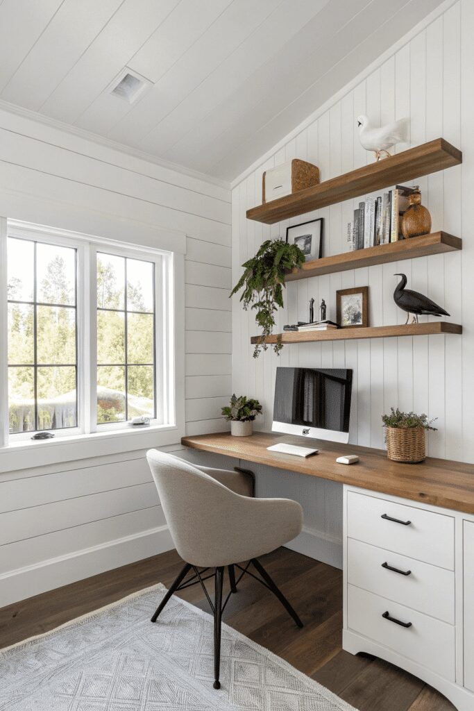 20+ Transform Your Space with Benjamin Moore White Dove Ideas! 16 Benjamin Moore White Dove Ideas: 16. A Minimalist Home Office with White Dove & Wood Accents