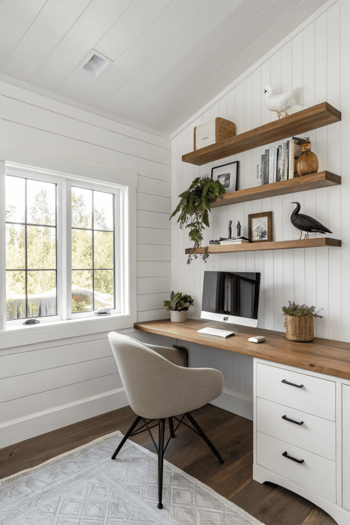 Benjamin Moore White Dove Ideas: 16. A Minimalist Home Office with White Dove & Wood Accents