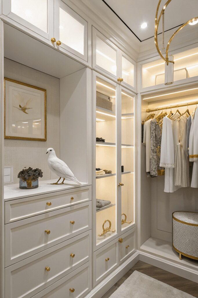 20+ Transform Your Space with Benjamin Moore White Dove Ideas! 18 Benjamin Moore White Dove Ideas: 18. A Dreamy Walk-In Closet with White Dove & Gold Accents