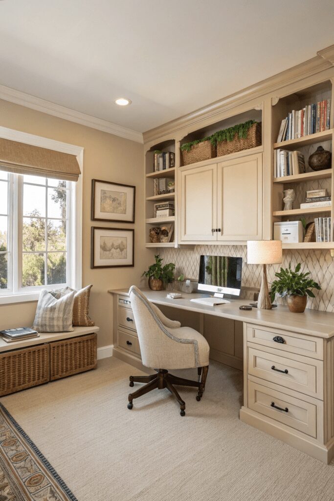 10+ Accessible Beige Designs to Transform Your Home! 10 Sherwin Williams Accessible Beige Ideas: 10. Inviting Home Office