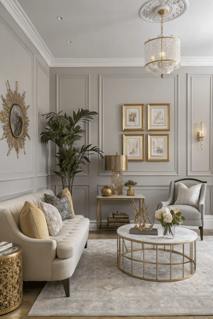15+ Revere Pewter by Benjamin Moore Ideas - Tips You’ll Love 2 Benjamin Moore Revere Pewter Ideas: 2. Sophisticated Living Room with Revere Pewter and Gold Accents