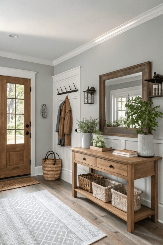 15+ Revere Pewter by Benjamin Moore Ideas - Tips You’ll Love 5 Benjamin Moore Revere Pewter Ideas: 5. Bright and Inviting Entryway with Revere Pewter and Natural Wood