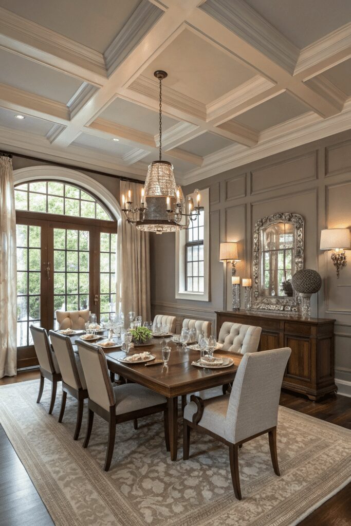 15+ Revere Pewter by Benjamin Moore Ideas - Tips You’ll Love 9 Benjamin Moore Revere Pewter Ideas: 9. Elegant Dining Room with Revere Pewter and Rich Wood Furnishings