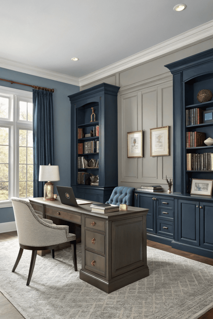 Benjamin Moore Revere Pewter Ideas: 11. Revere Pewter and Deep Navy for a Bold Yet Sophisticated Office