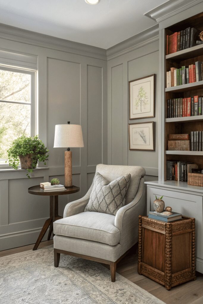 15+ Revere Pewter by Benjamin Moore Ideas - Tips You’ll Love 17 Benjamin Moore Revere Pewter Ideas: 17. Revere Pewter for a Stylish, Cozy Reading Nook