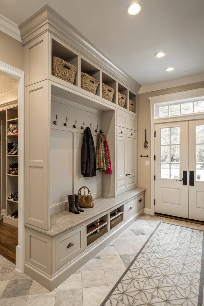 15+ Revere Pewter by Benjamin Moore Ideas - Tips You’ll Love 18 Benjamin Moore Revere Pewter Ideas: 18. Revere Pewter for an Elegant Mudroom with Functional Storage