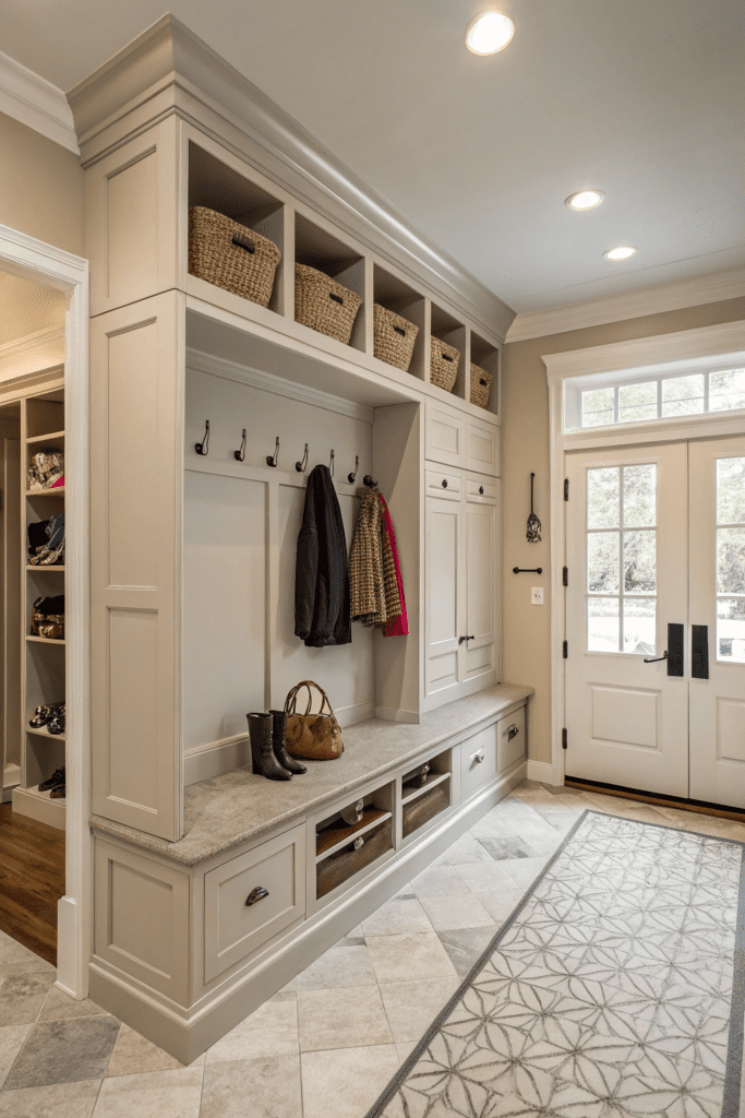 Benjamin Moore Revere Pewter Ideas: 18. Revere Pewter for an Elegant Mudroom with Functional Storage