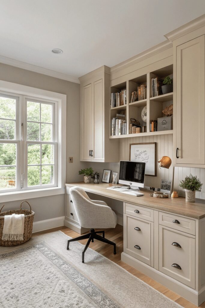 20+ Pale Oak by Benjamin Moore: Your New Paint Color Ideas! 2 Benjamin Moore Pale Oak Ideas: 2. Transform a Home Office into a Tranquil Workspace