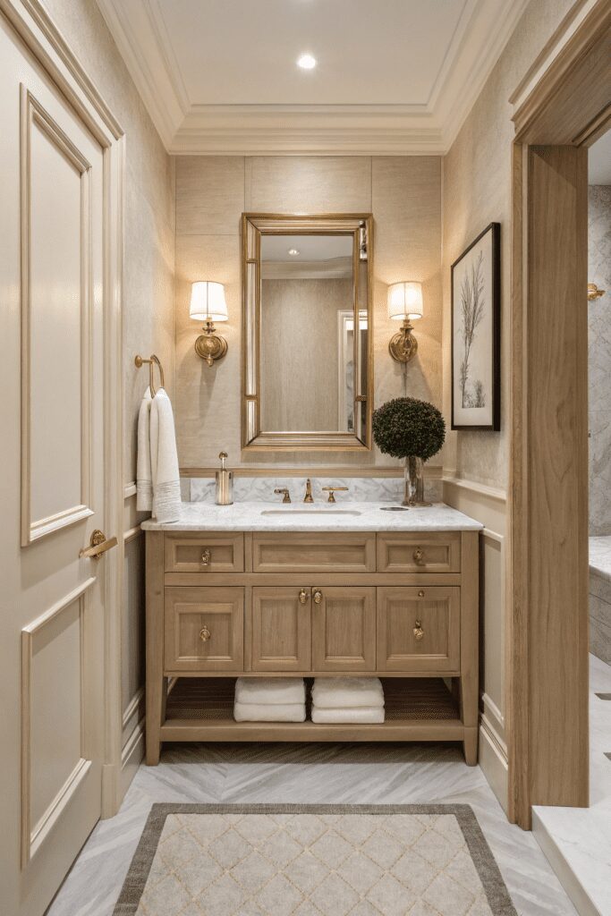 20+ Pale Oak by Benjamin Moore: Your New Paint Color Ideas! 10 Benjamin Moore Pale Oak Ideas: 10. Make a Luxurious Powder Room with Pale Oak Accents