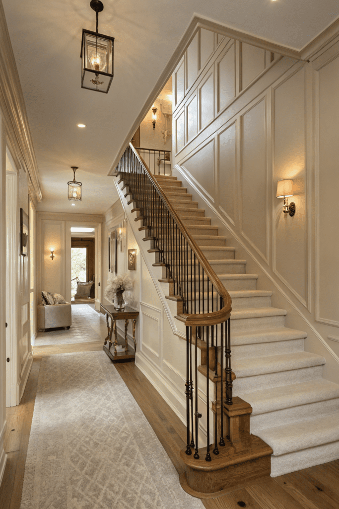 Benjamin Moore Pale Oak Ideas: 18. Bring Elegance to Your Staircase Hallway