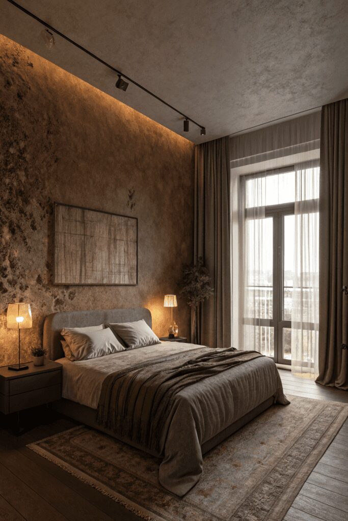 15+ Benjamin Moore Cinnamon Slate: Stunning Ideas Inspo! 3 Benjamin Moore Cinnamon Slate Ideas: 3. Moody Bedroom Oasis with Textured Walls