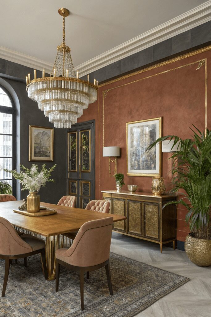 15+ Benjamin Moore Cinnamon Slate: Stunning Ideas Inspo! 4 Benjamin Moore Cinnamon Slate Ideas: 4. Artistic Dining Room with Bold Cinnamon Slate & Gold Accents