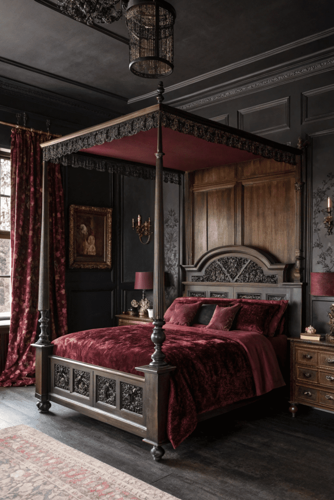 Benjamin Moore Cinnamon Slate Ideas: 10. Gothic Chic Bedroom with Velvet & Dark Romance