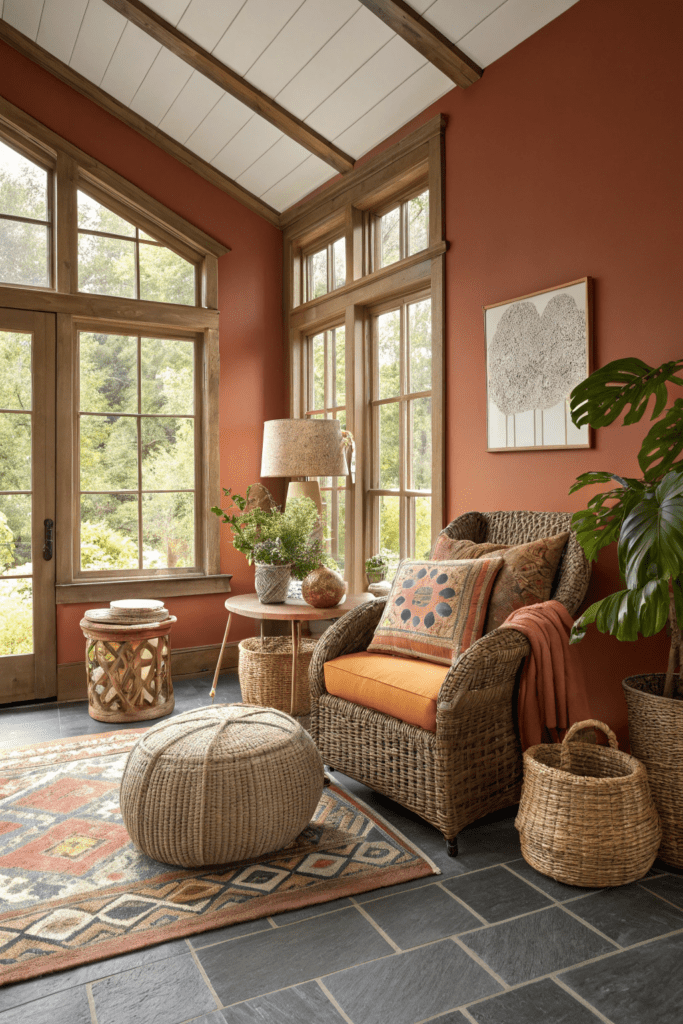 Benjamin Moore Cinnamon Slate Ideas: 14. Bohemian Sunroom with Cinnamon Slate & Rattan Textures