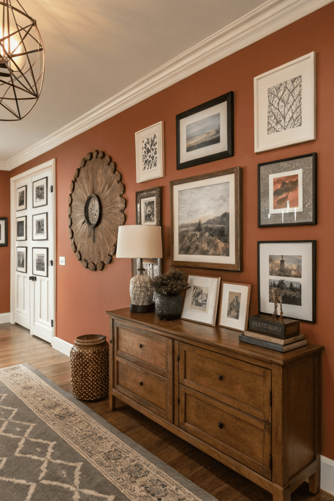 Benjamin Moore Cinnamon Slate Ideas: 15. Eclectic Gallery Wall with Cinnamon Slate as a Canvas