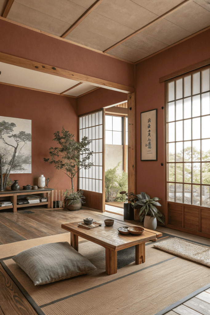 Benjamin Moore Cinnamon Slate Ideas: 17. Japandi-Inspired Zen Retreat with Cinnamon Slate Walls