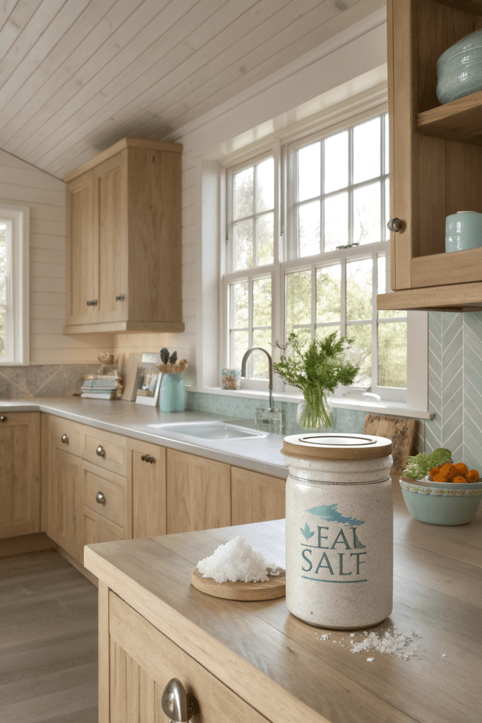 Benjamin Moore Sea Salt Ideas: 3. Sea Salt in a Kitchen with Light Wood Accents