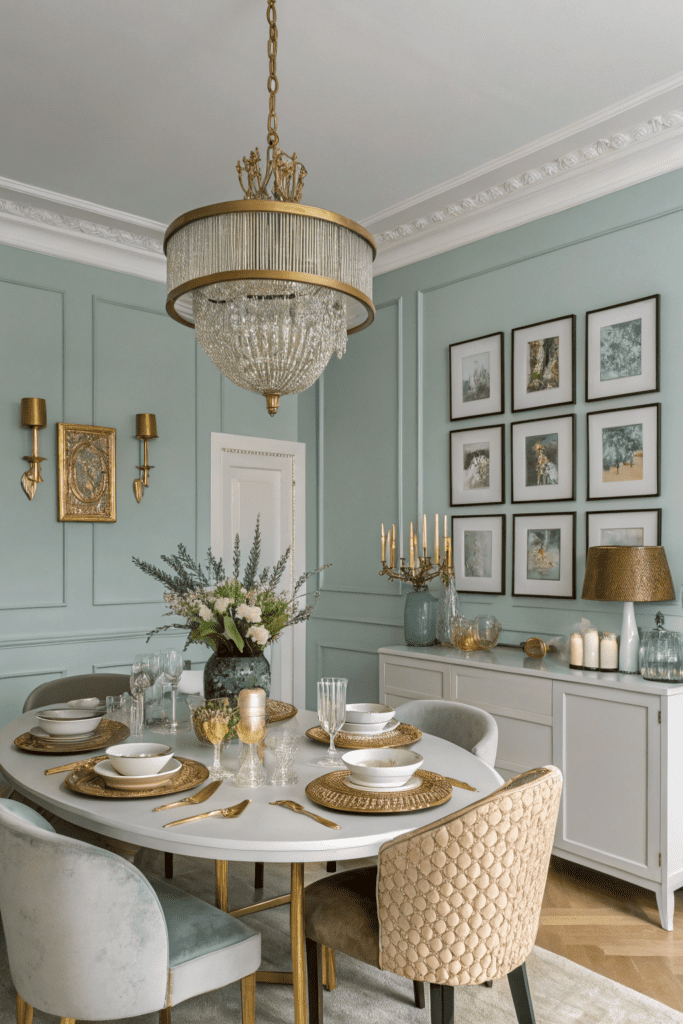 Benjamin Moore Sea Salt Ideas: 8. Sea Salt and Gold Accents in a Dining Room