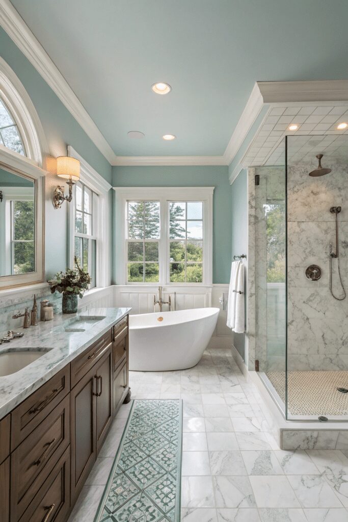 10+ Benjamin Moore Sea Salt Ideas The Secret to Calm Rooms! 11 Benjamin Moore Sea Salt Ideas: 11. Sea Salt in a Statement Bathroom with Marble