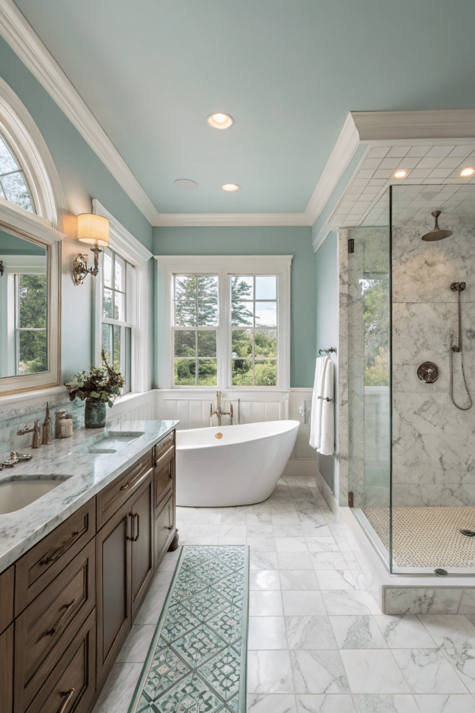 Benjamin Moore Sea Salt Ideas: 11. Sea Salt in a Statement Bathroom with Marble