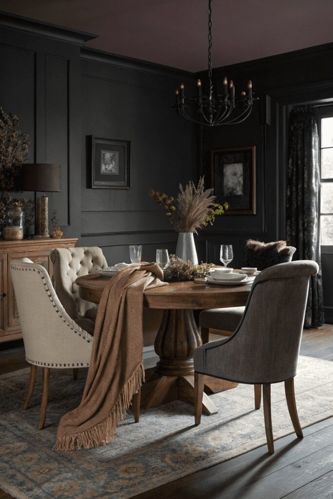 15+ Upgrade Your Space with Benjamin Moore Pashmina Ideas! 3 Benjamin Moore Pashmina Ideas: 3. A Moody Dining Room with Pashmina and Deep Charcoal Accents