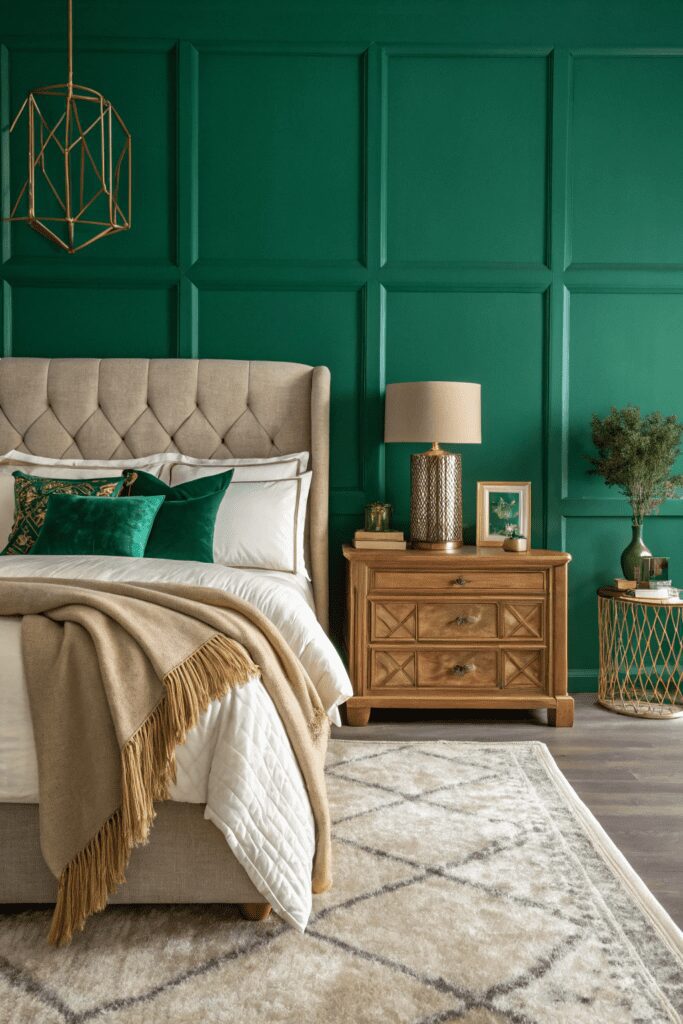 15+ Upgrade Your Space with Benjamin Moore Pashmina Ideas! 6 Benjamin Moore Pashmina Ideas: 6. Pashmina and Emerald Green for a Bold Statement Bedroom
