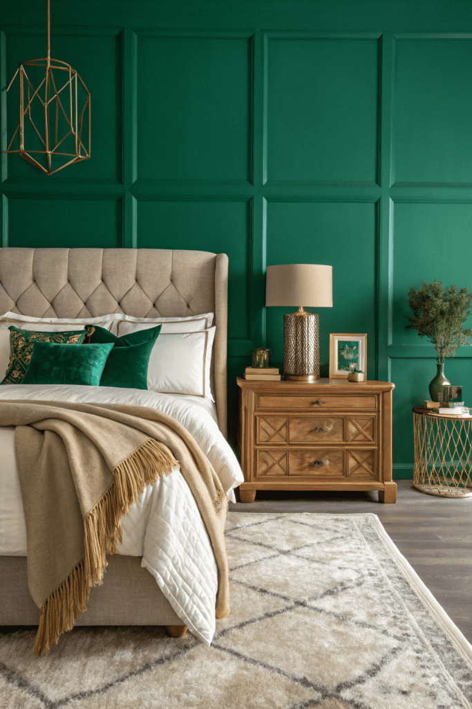 Benjamin Moore Pashmina Ideas: 6. Pashmina and Emerald Green for a Bold Statement Bedroom