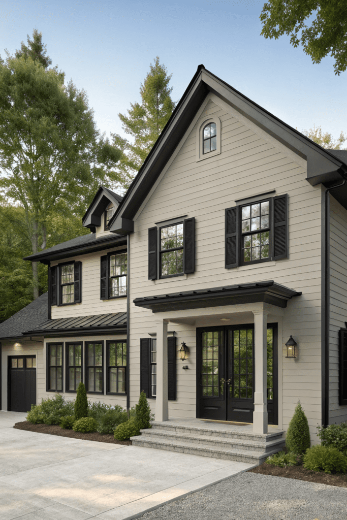 Benjamin Moore Pashmina Ideas: 8. Pashmina Exterior with Bold Black Trim