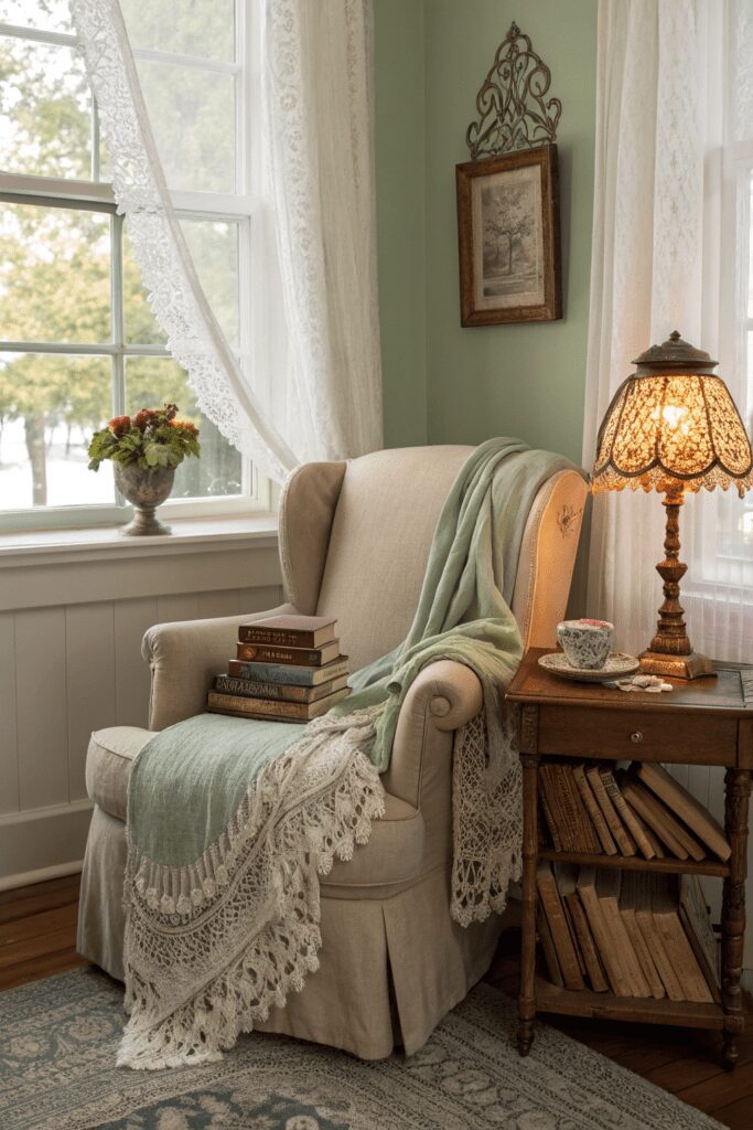 15+ Upgrade Your Space with Benjamin Moore Pashmina Ideas! 9 Benjamin Moore Pashmina Ideas: 9. A Cozy Reading Nook with Pashmina and Vintage Charm