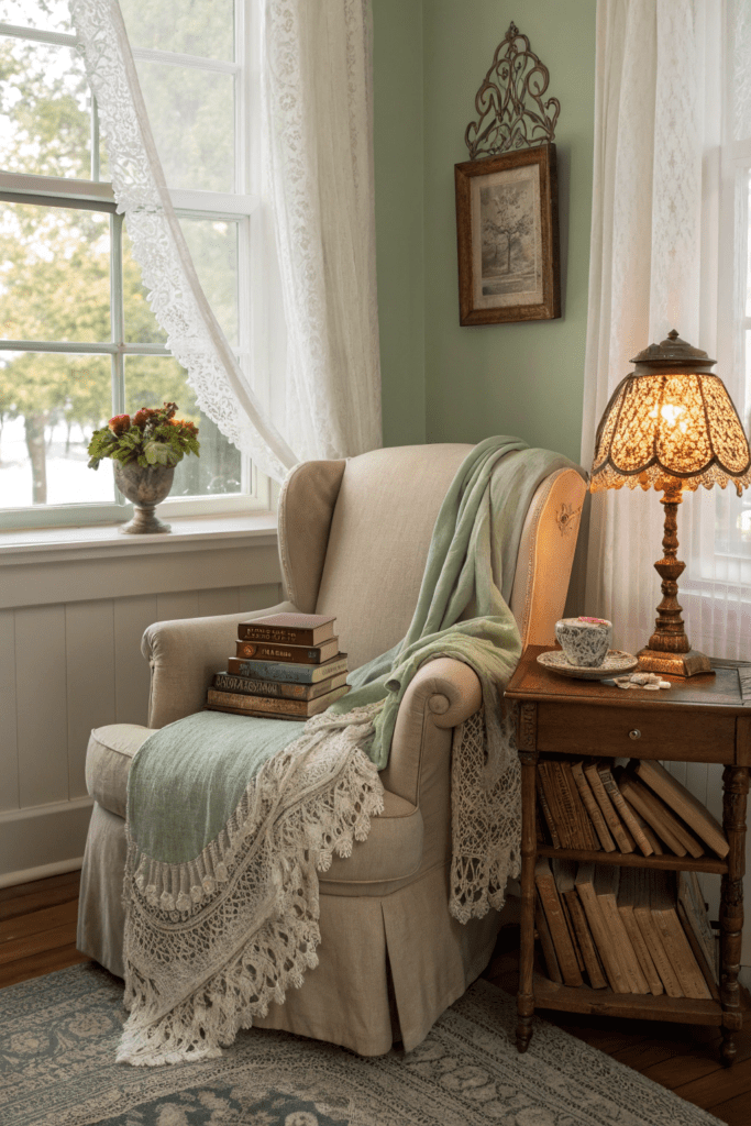 Benjamin Moore Pashmina Ideas: 9. A Cozy Reading Nook with Pashmina and Vintage Charm