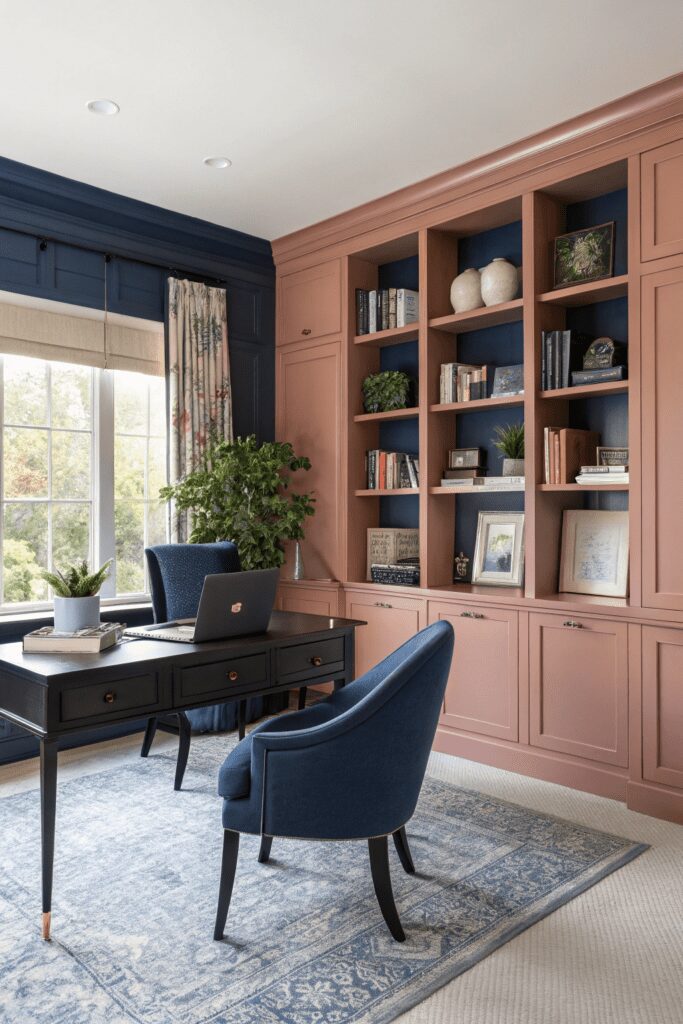 15+ Upgrade Your Space with Benjamin Moore Pashmina Ideas! 11 Benjamin Moore Pashmina Ideas: 11. A High-Contrast Pashmina and Deep Navy Office