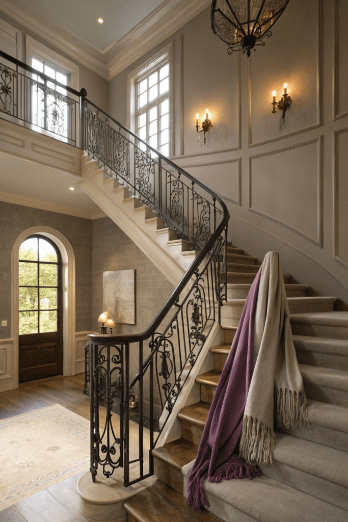 Benjamin Moore Pashmina Ideas: 14. A Statement Staircase with Pashmina and Iron Railings