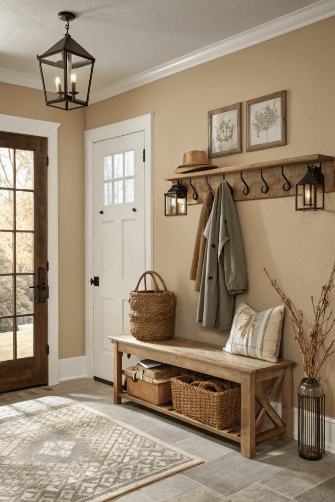 15+ Upgrade Your Space with Benjamin Moore Pashmina Ideas! 18 Benjamin Moore Pashmina Ideas: 18. A Warm and Welcoming Entryway with Pashmina and Rustic Elements